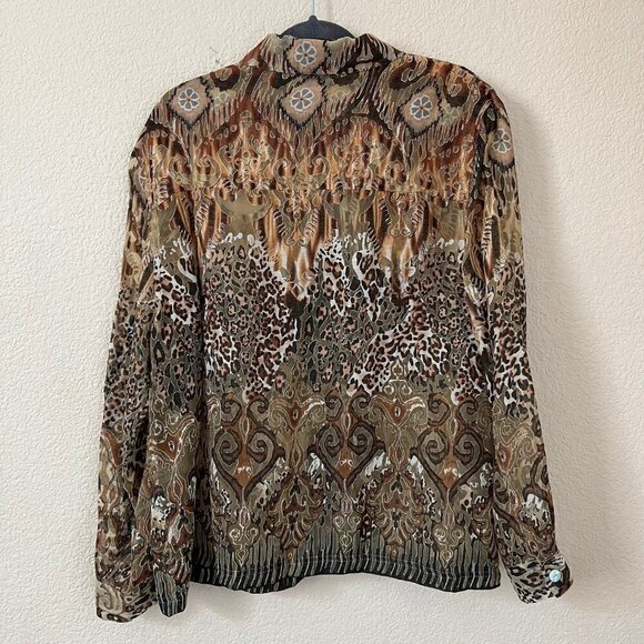 Linen Blend Sheer Brown Safari Cheetah Print Office Career Button down Women 18W - Picture 4 of 10